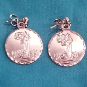 Vintage Handgraved Pewter Earrings With Old Faithful Depiction By Nobska